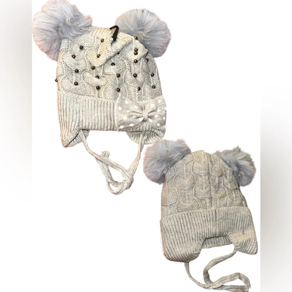 Kids' Double Pom Beanie pearl with a front bow‎ new